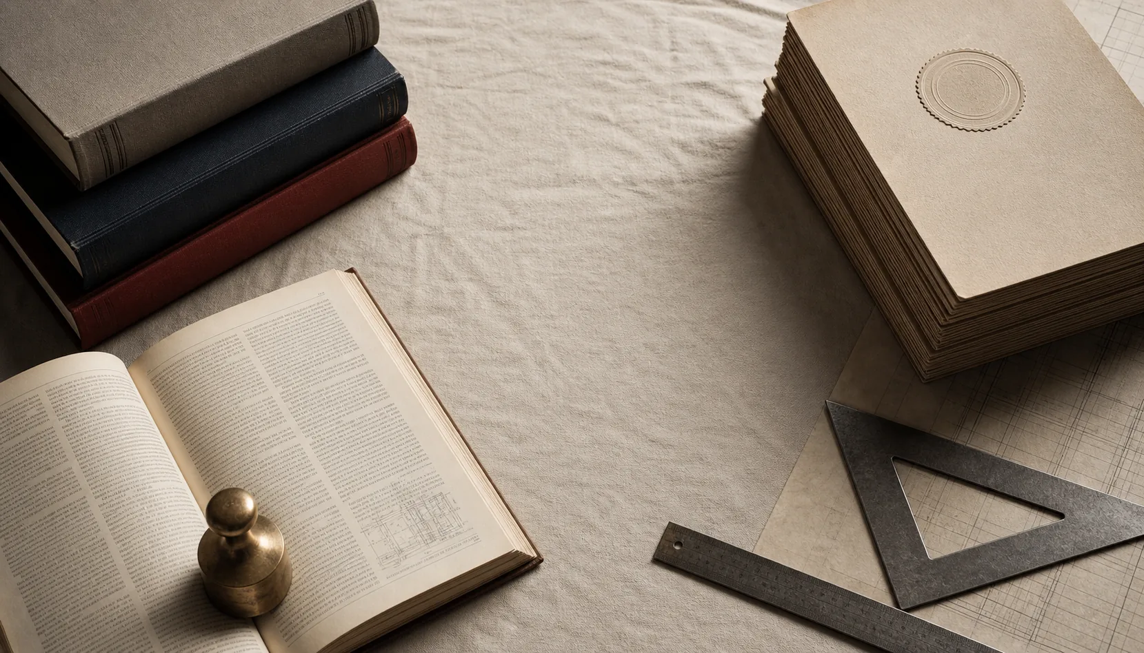 Mühendislik masası — yönetmelik kitapları, açık bir cilt, akreditasyon mührü ve çizim takımları